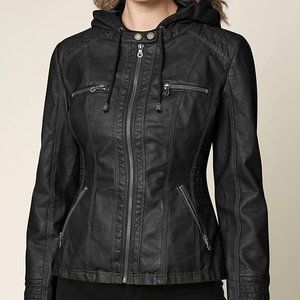 Lock and Love Women's Removable Hooded Faux Leather Jacket Moto Biker Coat